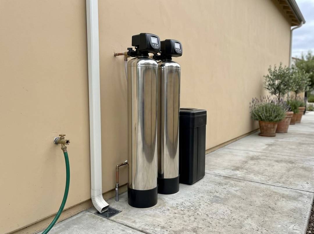 Water₂O whole house system with chrome tanks, installed beside a home