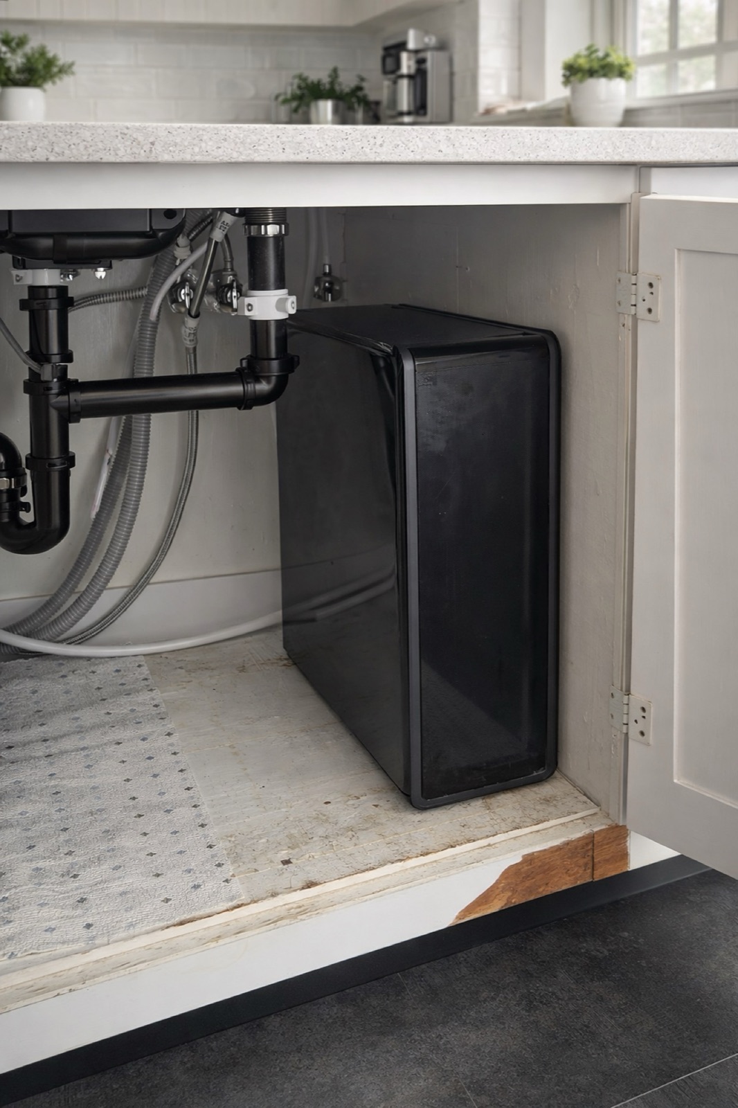 Water₂O compact tankless reverse osmosis system neatly installed under a kitchen sink