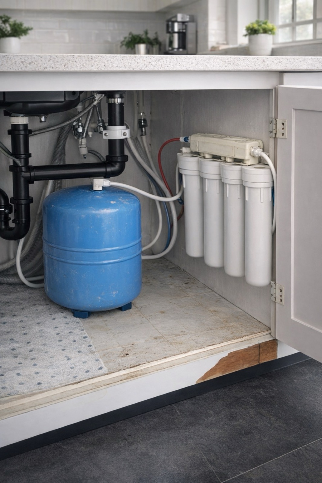 Traditional reverse osmosis system with bulky tank and exposed filters under a kitchen sink